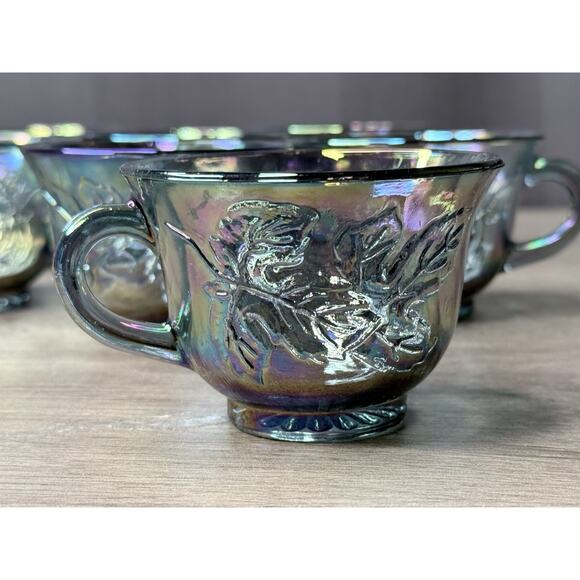 Set of 7 Vintage Indiana Carnival Glass Punch Cup Iridescent Blue Harvest Grape - Picture 5 of 6